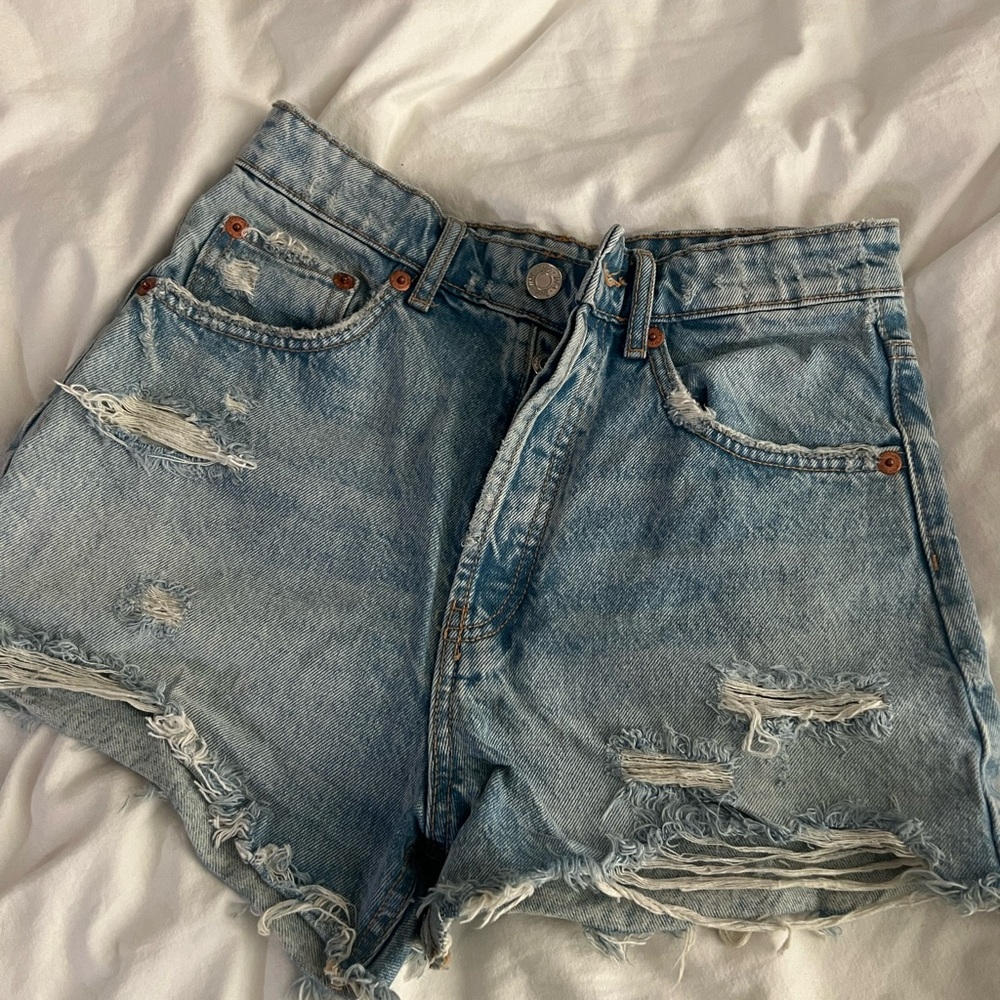 Zara Blue Jean Shorts with Distressed Raw Hem